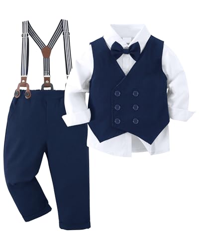 Amissz Jungen Anzug Gentleman Outfit, Kleinkind Festlich Bekleidungsset Taufanzug Hochzeitanzug Festanzug + Langarm Hemd + Weste + Bowtie + Hosenträge Blau, 7-8 Jahre von Amissz