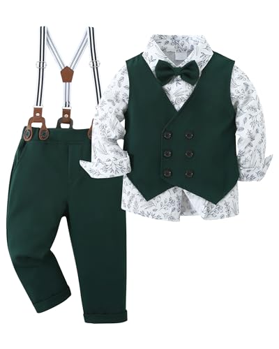 Amissz Jungen Anzug Gentleman Outfit, Kleinkind Festlich Bekleidungsset Taufanzug Hochzeitanzug Festanzug + Langarm Hemd + Weste + Bowtie + Hosenträge Grün, 9-10 Jahre von Amissz