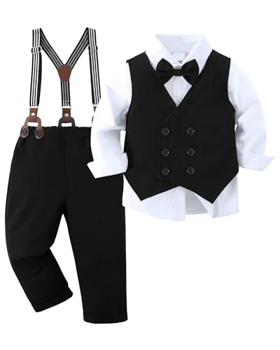 Amissz Jungen Anzug Gentleman Outfit, Kleinkind Festlich Bekleidungsset Taufanzug Hochzeitanzug Festanzug + Langarm Hemd + Weste + Bowtie + Hosenträge Schwarz, 7-8 Jahre von Amissz