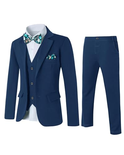 Amissz Jungen Anzug Klassisch Slim Fit Hochzeitsanzug Set Gentleman Smoking Jacke Mantel + Weste + Blusen + Fliege + Hose Outfit Kinder Geburtstagsparty Taufkleidung 6-7 Jahre 5 Teilig, Blau von Amissz