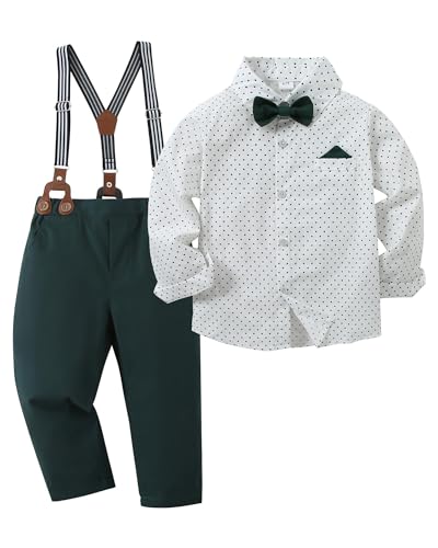 Amissz Jungen Gentleman Anzug Outfit, Kinder Festival Bekleidungsset Langarm Fliege Hemd + Hosenträger Hosen Taufanzug Hochzeitanzug Festanzug Weiß 9-10 Jahre von Amissz