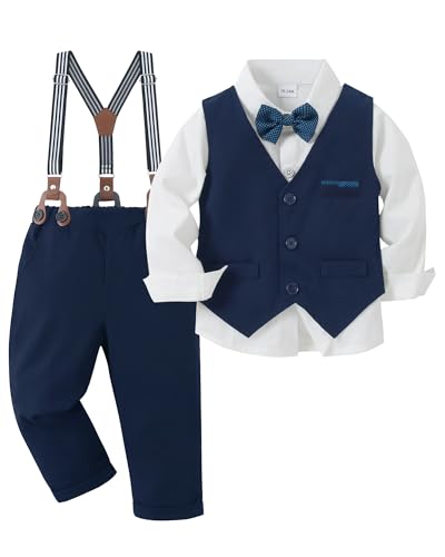 Amissz Kinder Anzug Set Junge, Kinderanzug Hochzeit Festliche Kindermode Jungen Anzüge Langarm Hemd + Hosenträger + Weste + Fliege Taufbekleidung für Baby-Jungen (Blau, 12-18 Monate) von Amissz