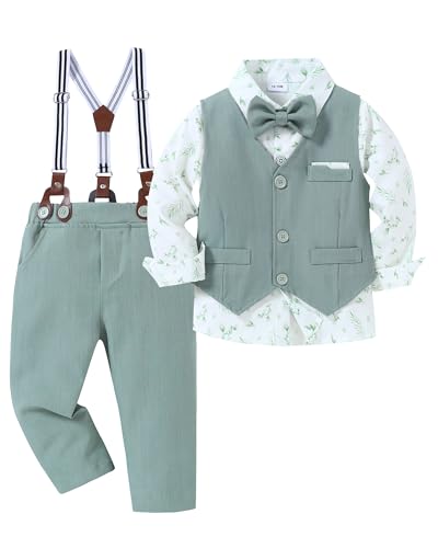 Amissz Kinder Anzug Set Junge, Kinderanzug Hochzeit Festliche Kindermode Jungen Anzüge Langarm Hemd + Hosenträger + Weste + Fliege Taufbekleidung für Baby-Jungen (Grün, 2-3 Jahre) von Amissz