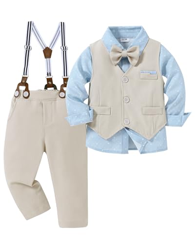 Amissz Kinder Anzug Set Junge, Kinderanzug Hochzeit Festliche Kindermode Jungen Anzüge Langarm Hemd + Hosenträger + Weste + Fliege Taufbekleidung für Baby-Jungen (Khaki, 18-24 Monate) von Amissz