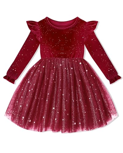 Amissz Mädchen Kleider Prinzessin Kleid Mädchen Samt Langarm Glitzer Tüllkleid Rotes Kleid Kinder Festkleider Ballkleid Partykleid Blumenmädchenkleider Weihnachtskleid 2-6 Jahre von Amissz