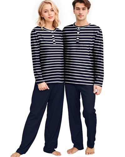 Amissz Matching Pyjamas Couple, Partner Pyjama Set für Paare Gestreifter Schlafanzug Lang Nachtwäsche Hausanzug Sleepwear für Damen Herren Zweiteiliger Set Pyjamahose (Marineblau - Damen, XL) von Amissz