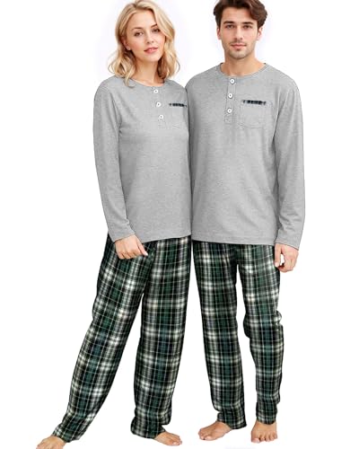 Amissz Matching Pyjamas Couple, Partner Pyjama Set für Paare Karierte Schlafanzug Lang Nachtwäsche Hausanzug Sleepwear für Damen Herren Zweiteiliger Set Pyjamahose (Grau - Damen, S) von Amissz