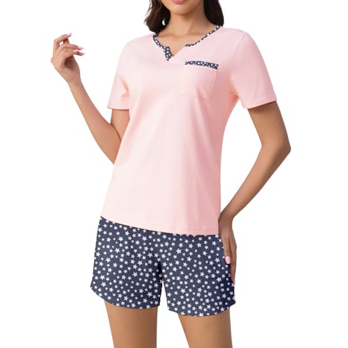 Amissz Pyjama Damen Sommer Baumwolle Zweiteiliger Kurzarm Nachtwäsche Sleepwear Und Karierte Pyjamahose Loungewear Hausanzug von Amissz