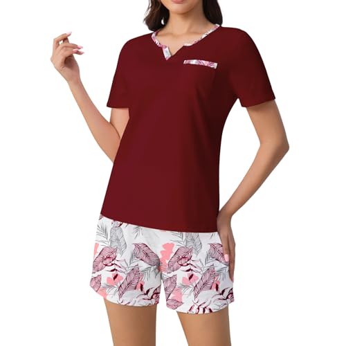 Amissz Pyjama Set Damen Kurz Zweiteiliger Damen Nachtwäsche Sommer Oberteil und Hose von Amissz