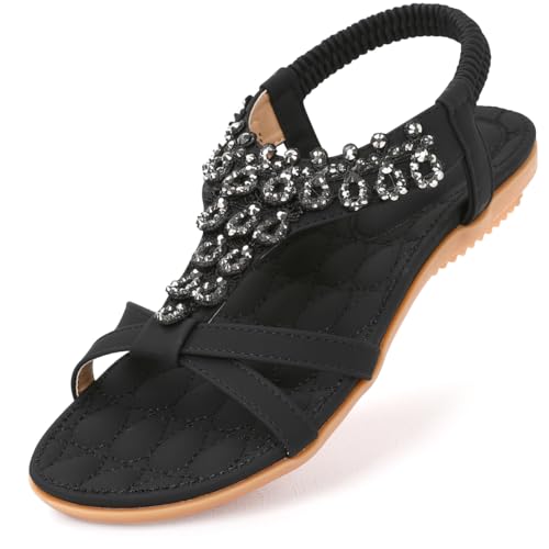 Amissz Sandalen Damen Sommer Flache Schuhe Bequeme mit Rutschfestem Freizeit Strand Zehentrenner Elastisch Offene Zehe Strass Bohemian Stil 3 Schwarz 38EU von Amissz