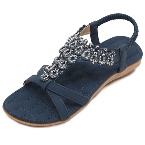 Amissz Sandalen Damen Sommer Flache Schuhe Bequeme mit Rutschfestem Freizeit Strand Zehentrenner Kleid Knöchel Elastisch Offene Zehe Strass Bohemian Stil 3 Marineblau 38EU von Amissz