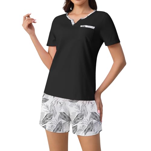 Amissz Shorty Pyjama Damen Nachtwäsche Set Zweiteiliger mit Damen Pyjamahose und Shirt Elastischer Bund Taschen Sleepwear Sommer von Amissz