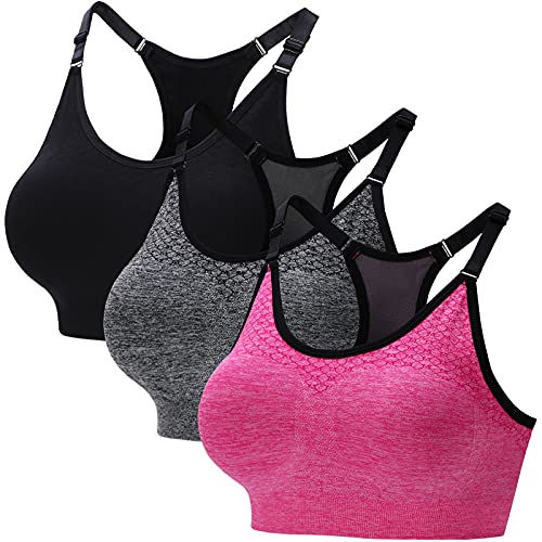 Amissz Sport BH Damen, Bustier Große brüste Push Up, Ohne Bügel Bra Sport BH Set Starker Halt Für Fitness Yoga Schwarz-1 + Grau-1 + Rosa-1, L von Amissz