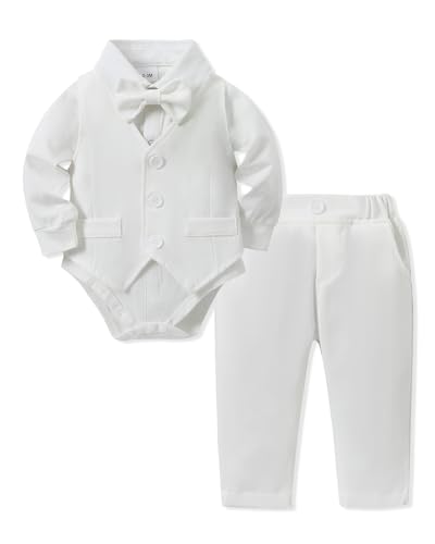 Baby Junge Anzug Taufe, Neugeborenen Taufanzug Hochzeitsoutfit Partei Babykleidung Strampler + Bowtie + Vest + Pants Set Weiß 3-6 Monate von Amissz