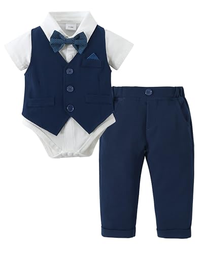 Baby Jungen Bekleidungsset Anzug, Kleinkind Gentleman Langarm Strampler Hemd + Hose + Weste + Fliege Festliche Taufe Hochzeit (A-Blau, 3-6 Monate) von Amissz