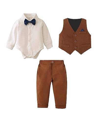 Baby Jungen Bekleidungsset Anzug, Kleinkind Gentleman Langarm Strampler Hemd + Hose + Weste + Fliege Festliche Taufe Hochzeit (Braun, 12-18 Monate) von Amissz