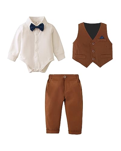 Baby Jungen Bekleidungsset Anzug, Kleinkind Gentleman Langarm Strampler Hemd + Hose + Weste + Fliege Festliche Taufe Hochzeit (Braun, 18-24 Monate) von Amissz