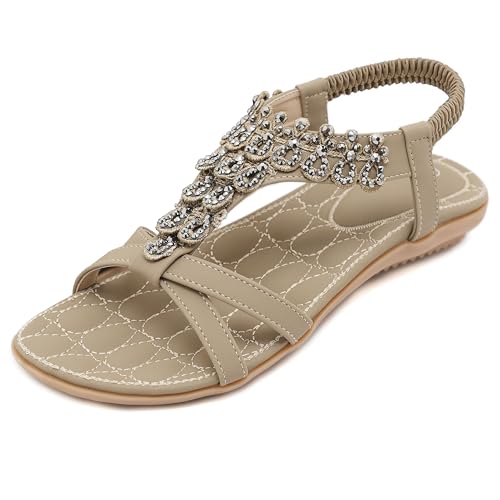 Sandalen Damen Sommer Flache Schuhe Bequeme mit Rutschfestem Freizeit Strand Zehentrenner Kleid Knöchel Elastisch Offene Zehe Strass Bohemian Stil 3 Aprikose 40EU von Amissz
