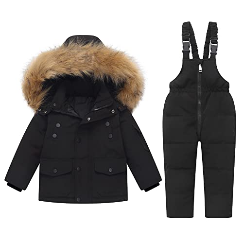 Amissz Schneeanzug Kinder Mädchen Skianzug Set mit Kaputze Daunenjacke + Schneehose 2tlg Winter Verdickte Skijacke Skihose Outfits Leicht Outdoor Bekleidungsset Schwarz, 2-3 Jahre von Amissz