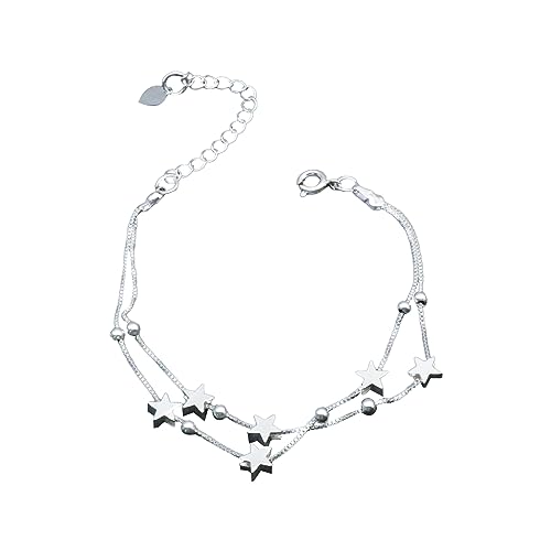 Silber Damen Armband Layered mit Herz und Perlen Anhängern Doppelt Kette Silber Plated Verstellbares Armband Silberschmuck für Frauen Freundin Armkette Bracelet Kommt in Schmuck Geschenk Box von Amissz