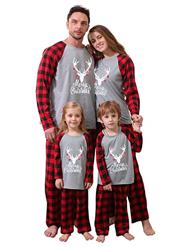 Amissz Weihnachten Familie Pyjama Set Schlafanzug Elch Rotes Kariertes Schlafanzüge für Vater Mutter Kinder Junge Mädchen Grau für Papa L von Amissz