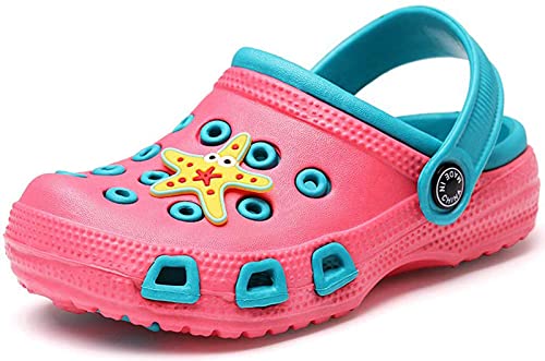 Vorgelen Gartenschuhe Unisex Kinder Clogs Pantoletten Mädchen Atmungsaktiv Hausschuhe Sandalen Jungen Badeschuhe Hohl Pantoletten rutschfeste Sommer Latschen Pink-Blau 26 EU=Etikett 27 von Vorgelen