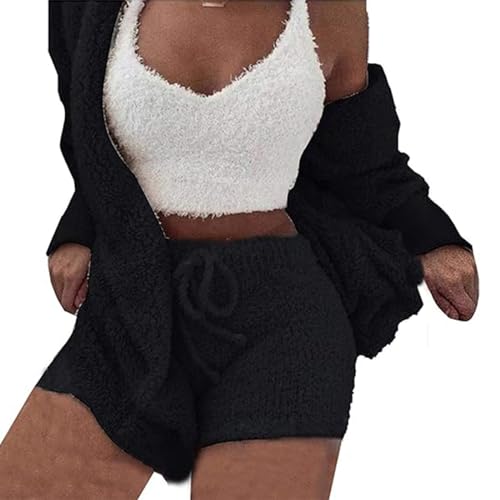 Amiweny Cozy Pajama Set,The Cozy Knit Set 3 Pieces,Womens Pajamas Long Sleeved Fluffy Hoody,Warm Hooded Cardigan Crop Top Shorts Set (Black,XXXL) von Amiweny