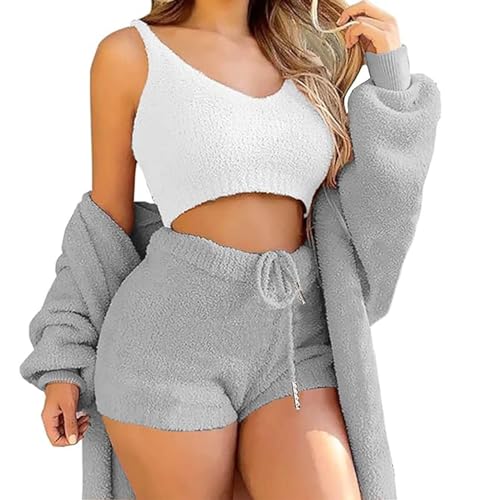 Amiweny Cozy Pajama Set,The Cozy Knit Set 3 Pieces,Womens Pajamas Long Sleeved Fluffy Hoody,Warm Hooded Cardigan Crop Top Shorts Set (Gray,L) von Amiweny