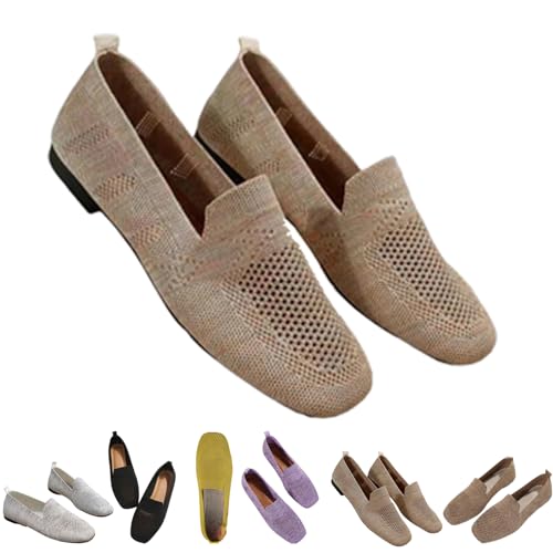 Women Comfortable Arch Support Non-Slip Flat Shoes,Womens Lightweight Breathable Knit Square Toe Flats,Flats with Arch Support for Women,Wide Toe Box Flats Women (Beige,41) von Amiweny