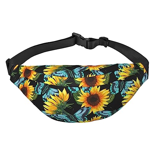 Gürteltasche für Damen und Herren, Sonnenblumen-Schmetterling, verstellbarer Gürtel, Bauchtasche, modische Bauchtasche, Reise-Geldbörse, Schwarz , Einheitsgröße, Geldgürtel von Amkong