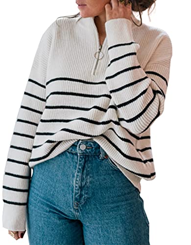 Amkoyam Gestreifte Damen-Pullover 2023, langärmelig, gestrickt, lässig, lockeres Hemd, Tops mit Knopf, Herbst und Winter, Style2-weiß, Klein von Amkoyam