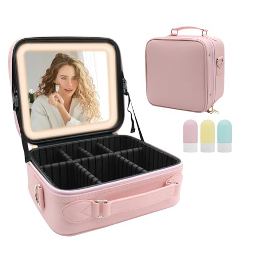Amlope Kosmetiktasche mit Beleuchtetem Spiegel Einstellbare 3 Farben LED Leuchten Damen Kosmetiktasche mit Henkel Teilbarer Professionelle Make up Organizer Make-up Etui (Rosa) von Amlope