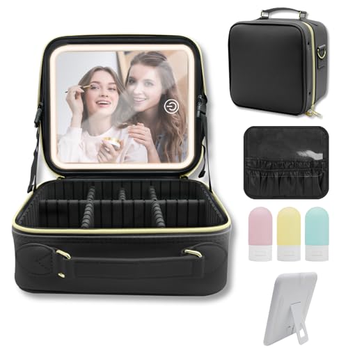 Amlope Kosmetiktasche mit Beleuchtetem Spiegel Einstellbare 3 Farben LED Leuchten Damen Kosmetiktasche mit Henkel Teilbarer Professionelle Make up Organizer Make-up Etui (Schwarz) von Amlope