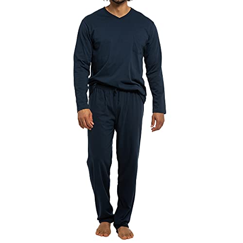 AMMANN Herren Schlafanzug Lang Organic Cotton, Pyjama Herren Lang aus GOTS Zertifizierter Bio-Baumwolle, V-Ausschnitt, Bindeband am Hosenbund, Zeitloses Design in L Dunkelblau von AMMANN