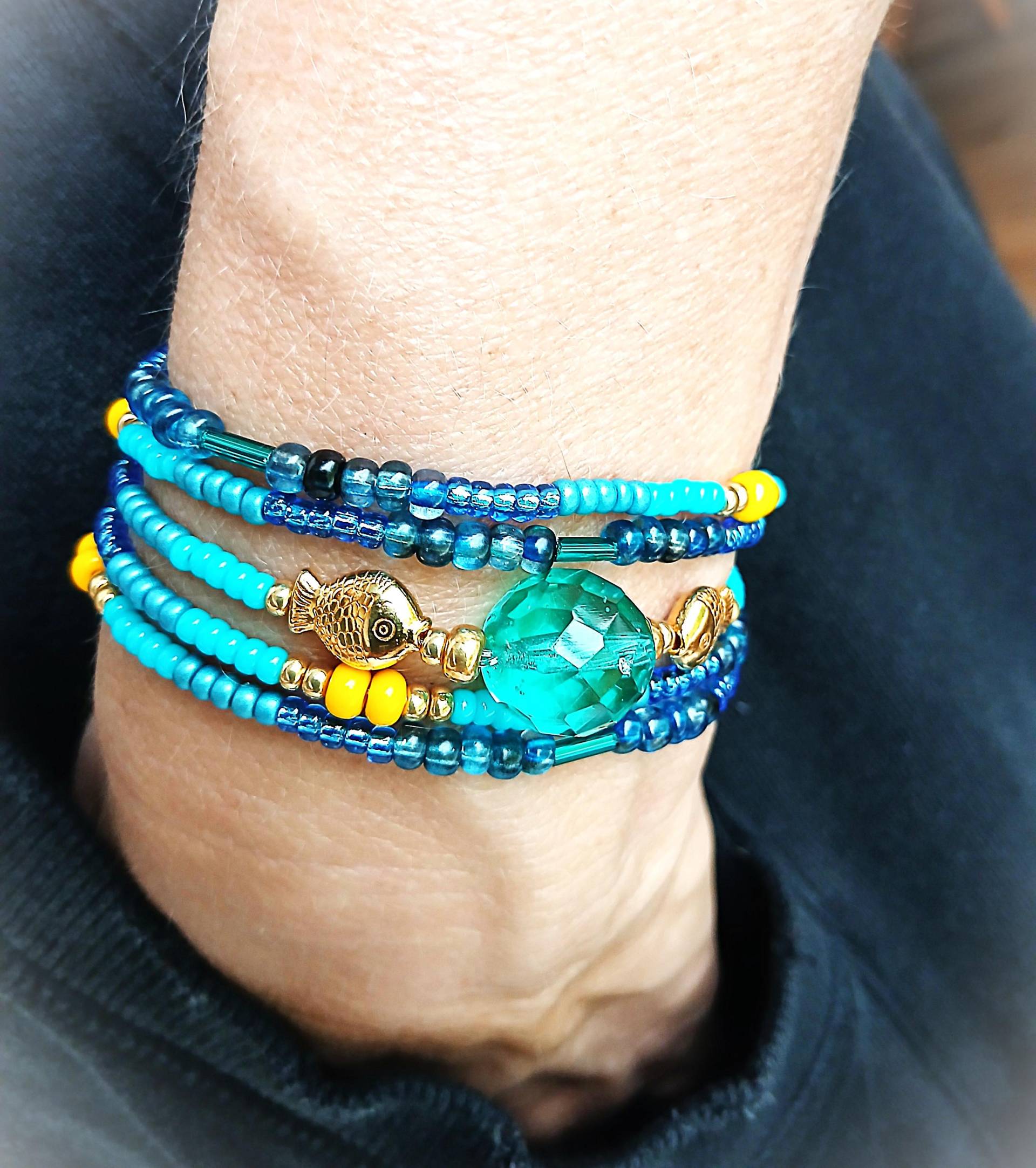Perlenkette Strand Und Meer - Unikat Petrol Blau Gold Gelb Fisch Swarowskiperlen Perlen Türkis Surfer Layerlook Hippi Ibiza Boho von Ammerseeperle