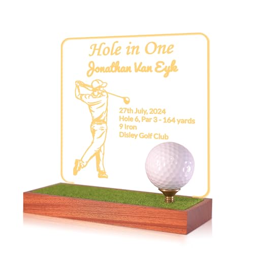 Ammonite Light Up Golf Ball Display, Hole IN ONE, hölzerne Acryl-Halter für Golf Ball Display und Lagerung Warm White Color Lights, Golf Geschenke für Männer Frauen (Customized) von Ammonite