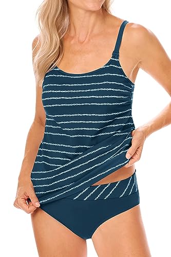 Amoena Damen Timeless Chic Pocketed Mastectomy Swim Top Tankini-Oberteil, Dunkles Blaugrün/Weiß, 85B von Amoena