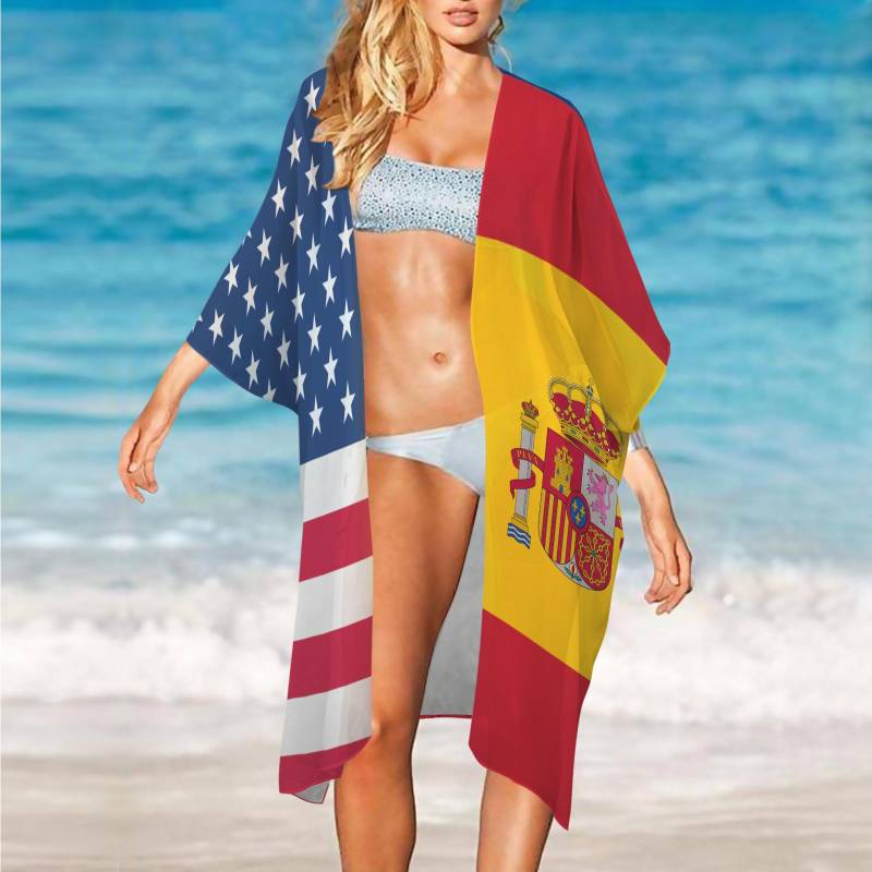 Dual Country Flag Unisex Cover-Up | Custom 2 Nation Kimono Personalized Chiffon Summer Cardigan Cultural Fusion Beachwear von Amolep