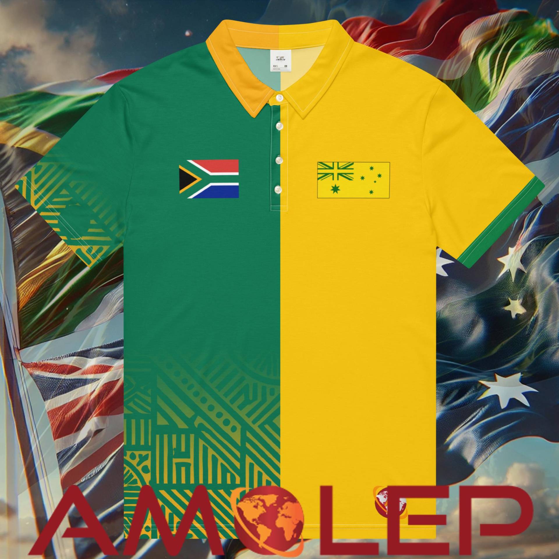 Half South Africa & Australia Binational Unisex Cricket Polo Fan Jersey | Personalisable von Amolep