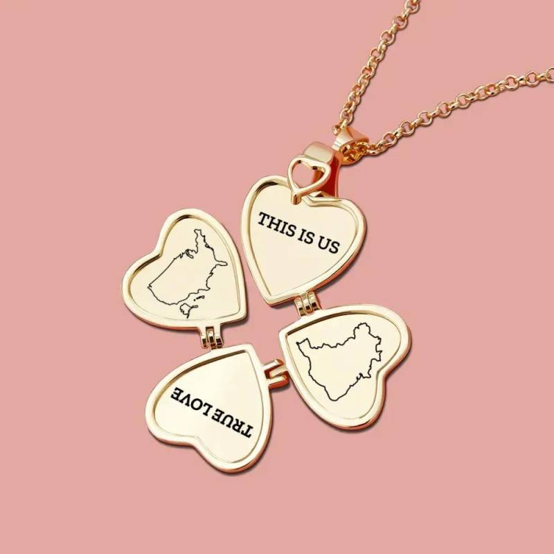 Personalized Heart Clover Locket Necklace - 4 Slots With Custom Text & Country Maps | Great Valentines Gift, Long Distance Friendship von Amolep