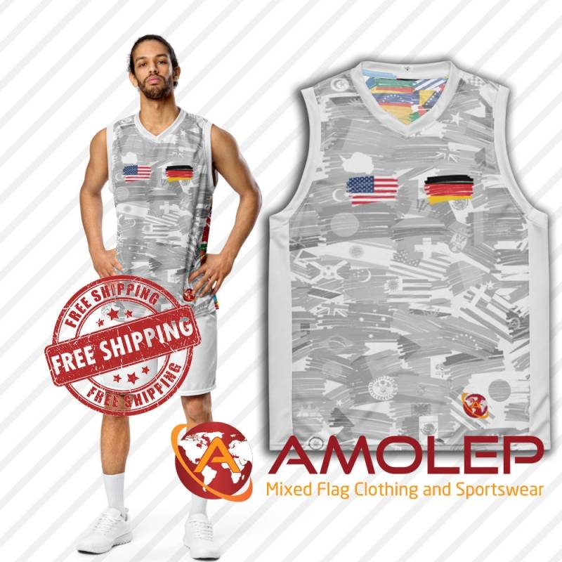 Unisex Double/Combo Grafitti Flag Half & Basketball Jersey Top - Customizable | Select Any 2 Countries Of Your Choice von Amolep