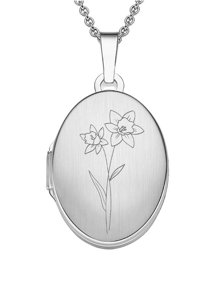 Amoonic Amulett Medaillon Oval Gravur Geburtsblume zum Öffnen für Bilder Silber 925 (inkl. Schmucktäschchen), Anhänger aufklappbar befüllbar Foto Gravur Geburtsblume März von Amoonic