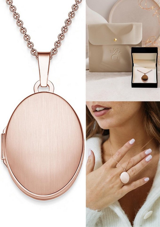 Amoonic Amulett Medaillon Oval zum Öffnen für Bilder Silber 925, Kette für Foto Anhänger aufklappbar befüllbar, Gold oder Rosegold vergoldet, Geschenk Damen Frauen Freundin Mutter Tochter Schmuck (inkl. Schmucketui) von Amoonic