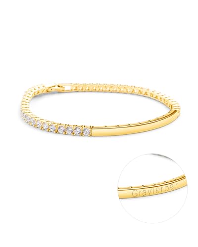 Amoonic Damen Armband Gold mit Gravur | Tennisarmband mit Zirkoniasteinen | Personalisierte Armkette für Frauen als Geschenk für Mutter Tochter Freundin von Amoonìc