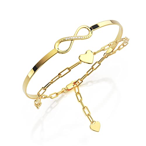 Damen Infinity Armband Gelbgold vergoldet mit Zirkonia | Damenarmband mit Unendlichkeitszeichen und Herz | Armkette und Armreif in einem von Amoonic