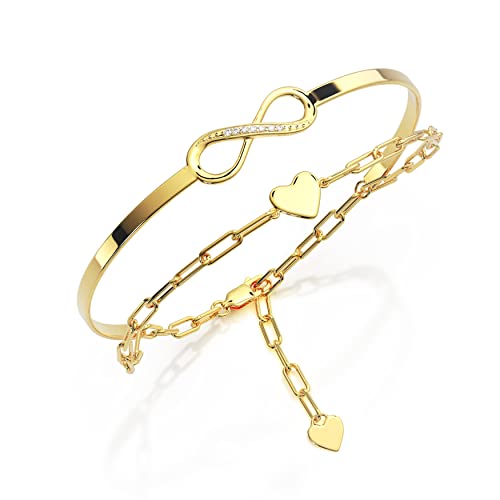 Amoonìc Damen Infinity Armband Gelbgold vergoldet mit Zirkonia | Damenarmband mit Unendlichkeitszeichen und Herz | Armkette und Armreif in einem von Amoonìc