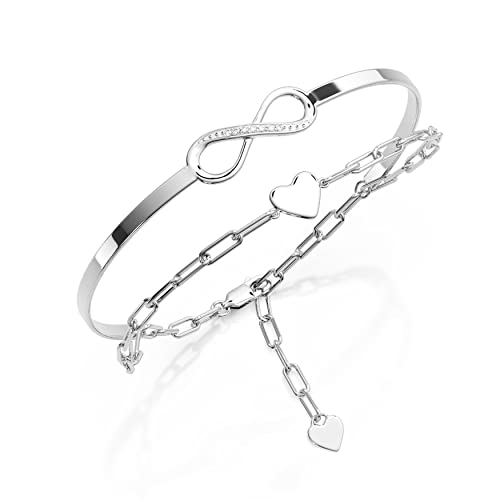 Damen Infinity Armband Sterling Silber 925 mit Zirkonia | Silberarmband mit Unendlichkeitszeichen und Herz | Armkette und Armreif in einem von Amoonic