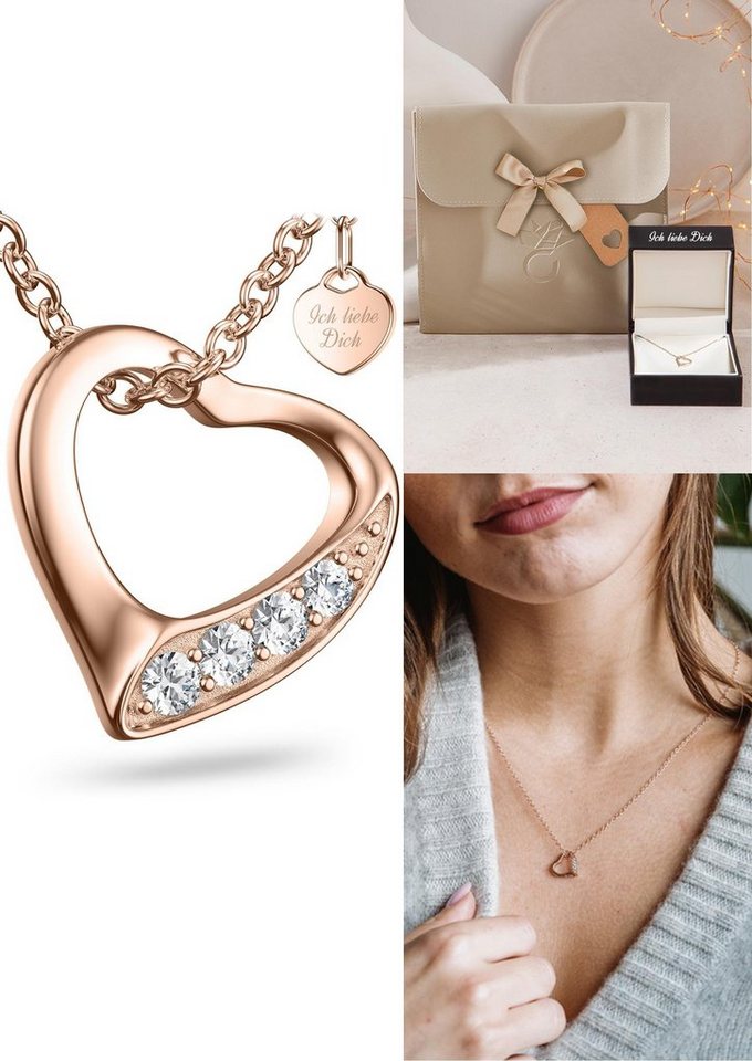 Amoonic Herzkette Herzkette Halskette Damen Silber 925, Frauen Kette mit Anhänger Herzanhänger, Echte Herz Silberkette mit Zirkonia, Geschenk Freundin + Gravur *Ich liebe dich*, Silber-Schmuck Valentinstag (individuell anpassbare Halskettenlänge) von Amoonic