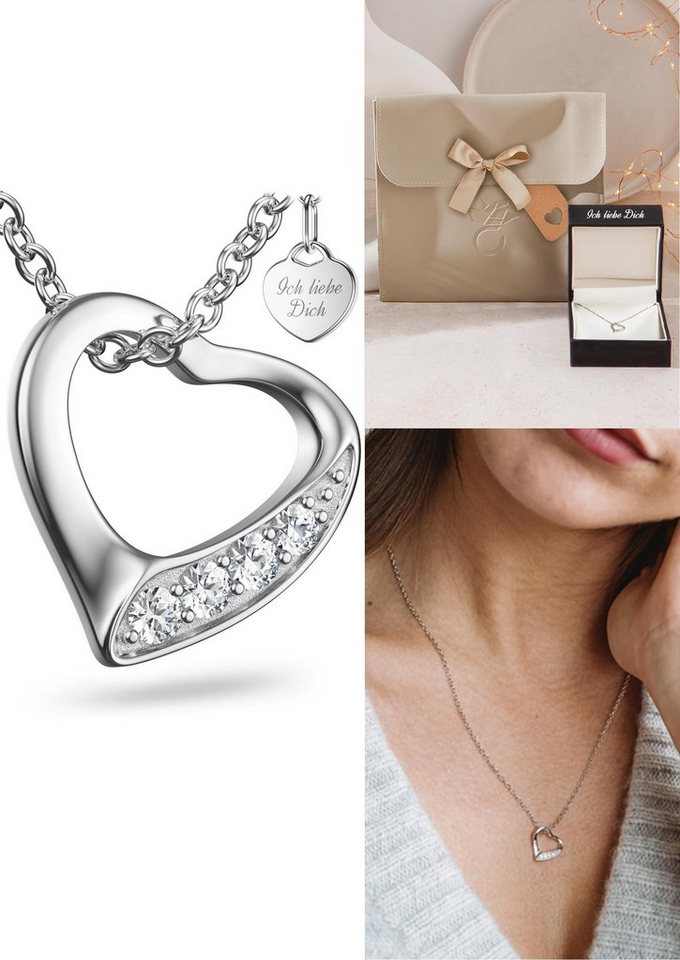 Amoonic Herzkette Herzkette Halskette Damen Silber 925, Frauen Kette mit Anhänger Herzanhänger, Echte Herz Silberkette mit Zirkonia, Geschenk Freundin + Gravur *Ich liebe dich*, Silber-Schmuck Valentinstag (individuell anpassbare Halskettenlänge) von Amoonic