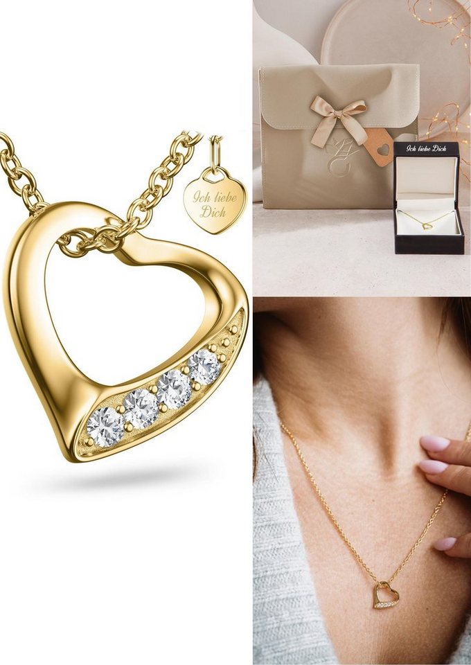 Amoonic Herzkette Herzkette Halskette Damen Silber 925, Frauen Kette mit Anhänger Herzanhänger, Echte Herz Silberkette mit Zirkonia, Geschenk Freundin + Gravur *Ich liebe dich*, Silber-Schmuck Valentinstag (individuell anpassbare Halskettenlänge) von Amoonic